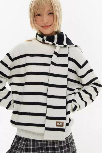 Black and White Stripes Scarf Sweater Korean Street Fashion Sweater By Crying Center Shop Online at OH Vault