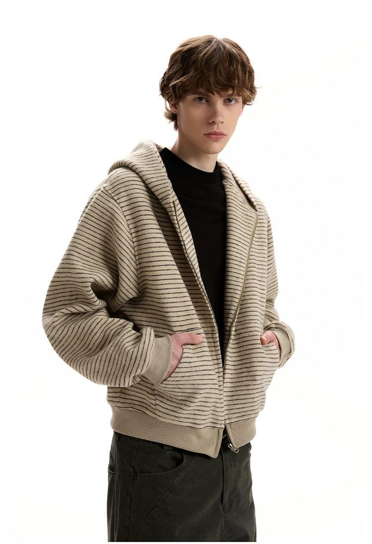 Ribbed Hem Stripes Zip-Up Hoodie