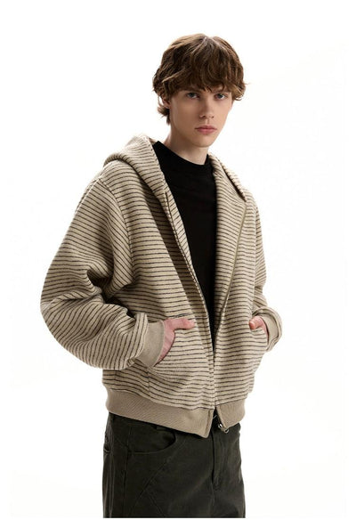 Ribbed Hem Stripes Zip-Up Hoodie