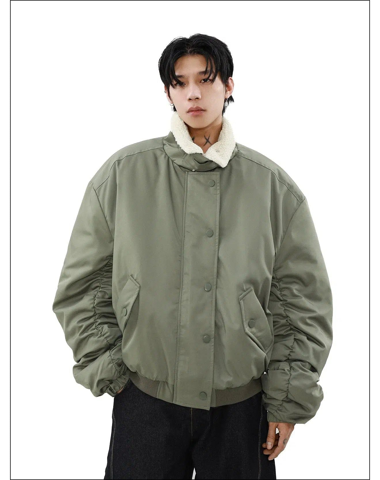 Sherpa Collar Ruched Sleeves Jacket Korean Street Fashion Jacket By Mr Nearly Shop Online at OH Vault