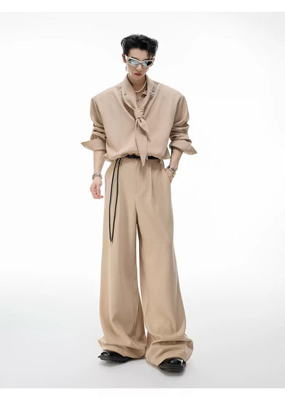 Textured Scarf Detail Shirt & Wide Pants Set Korean Street Fashion Clothing Set By Argue Culture Shop Online at OH Vault
