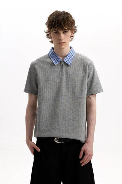 Plaid Collar Half-Zipped Polo Korean Street Fashion Polo By A PUEE Shop Online at OH Vault