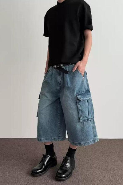Faded Cargo Denim Shorts Korean Street Fashion Shorts By A PUEE Shop Online at OH Vault