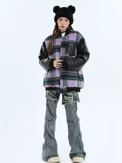 Spliced Plaid PU Leather Jacket Korean Street Fashion Jacket By INS Korea Shop Online at OH Vault