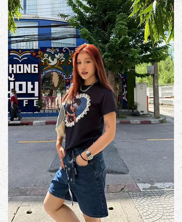Laced Heart Dog Graphic Print T-Shirt Korean Street Fashion T-Shirt By Made Extreme Shop Online at OH Vault