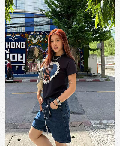 Laced Heart Dog Graphic Print T-Shirt Korean Street Fashion T-Shirt By Made Extreme Shop Online at OH Vault