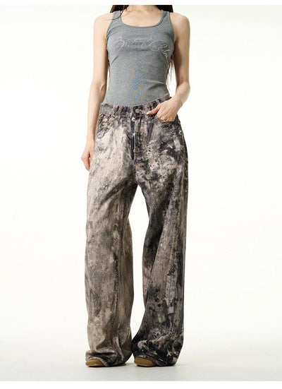 Ink-Splash Washed Loose Jeans Korean Street Fashion Jeans By 77Flight Shop Online at OH Vault