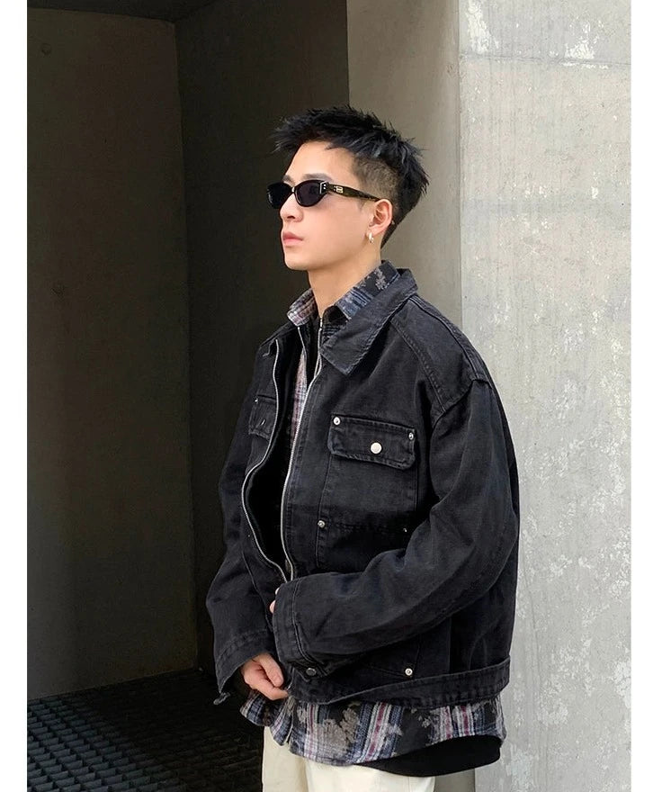 Rivet Zipped Denim Jacket Korean Street Fashion Jacket By Poikilotherm Shop Online at OH Vault