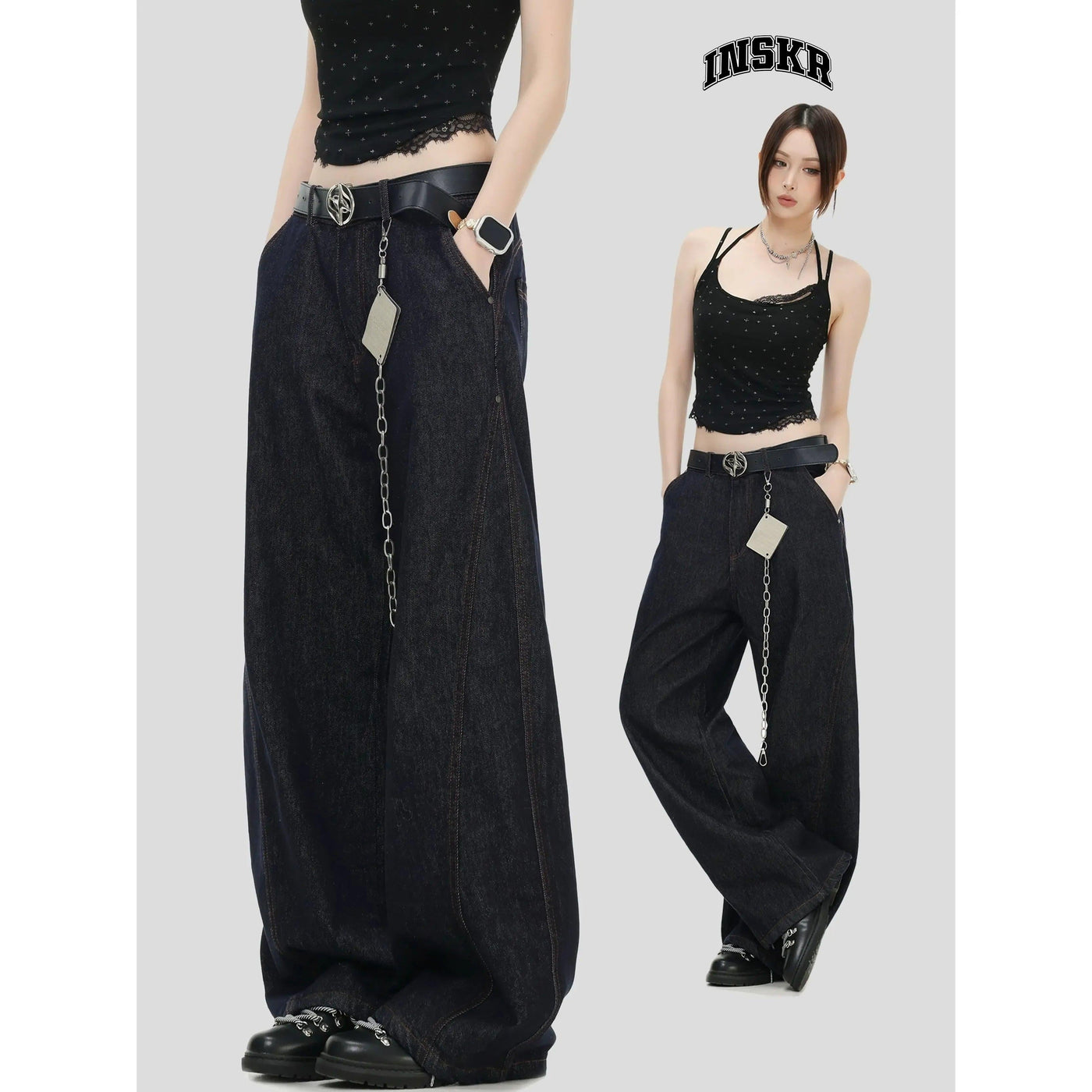 Chain Detail Straight Leg Jeans Korean Street Fashion Jeans By INS Korea Shop Online at OH Vault