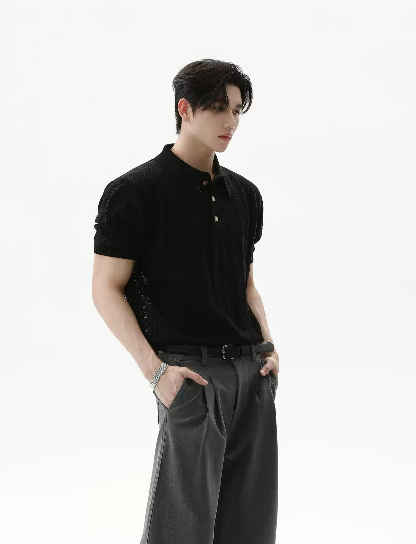 Hollow Textured Knit Polo Korean Street Fashion Polo By Turn Tide Shop Online at OH Vault