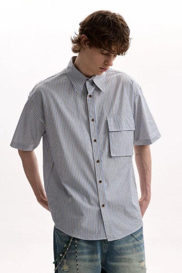 Flap Pocket Striped Shirt Korean Street Fashion Shirt By A PUEE Shop Online at OH Vault
