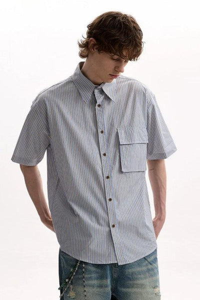 Flap Pocket Striped Shirt Korean Street Fashion Shirt By A PUEE Shop Online at OH Vault
