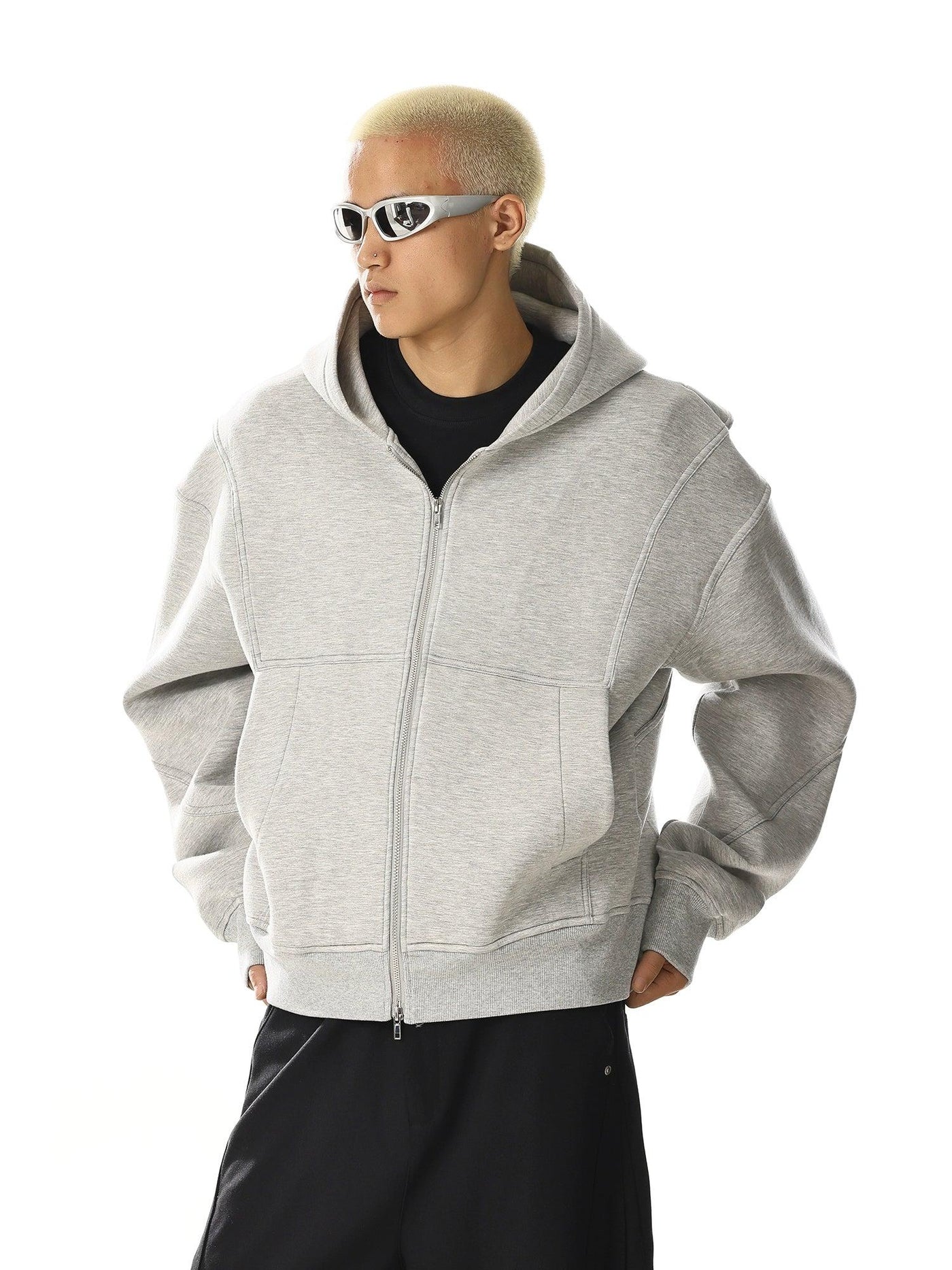 Structured Kangaroo Pocket Zip-Up Hoodie Korean Street Fashion Hoodie By MEBXX Shop Online at OH Vault