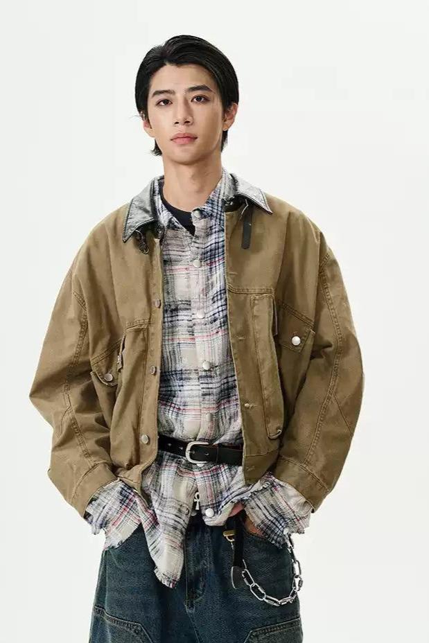 Multi-Pocket Washed Denim Jacket Korean Street Fashion Jacket By 77Flight Shop Online at OH Vault