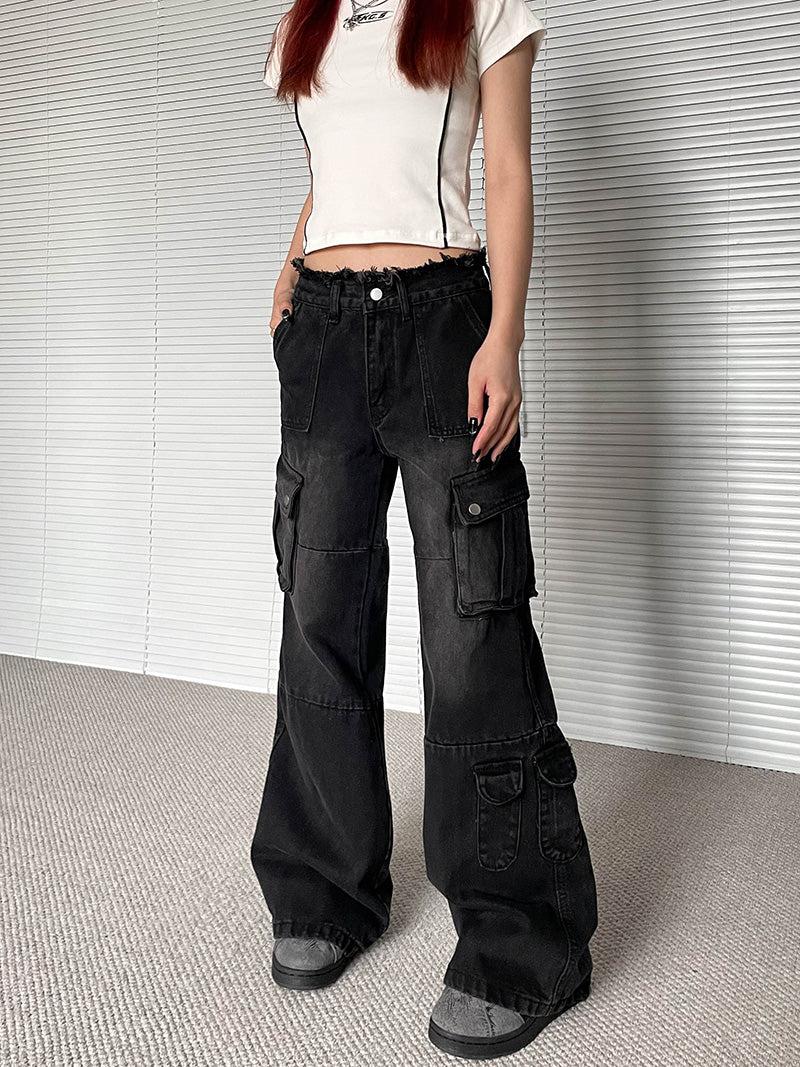 Faded Raw Edge Loose Cargo Jeans Korean Street Fashion Jeans By Apocket Shop Online at OH Vault