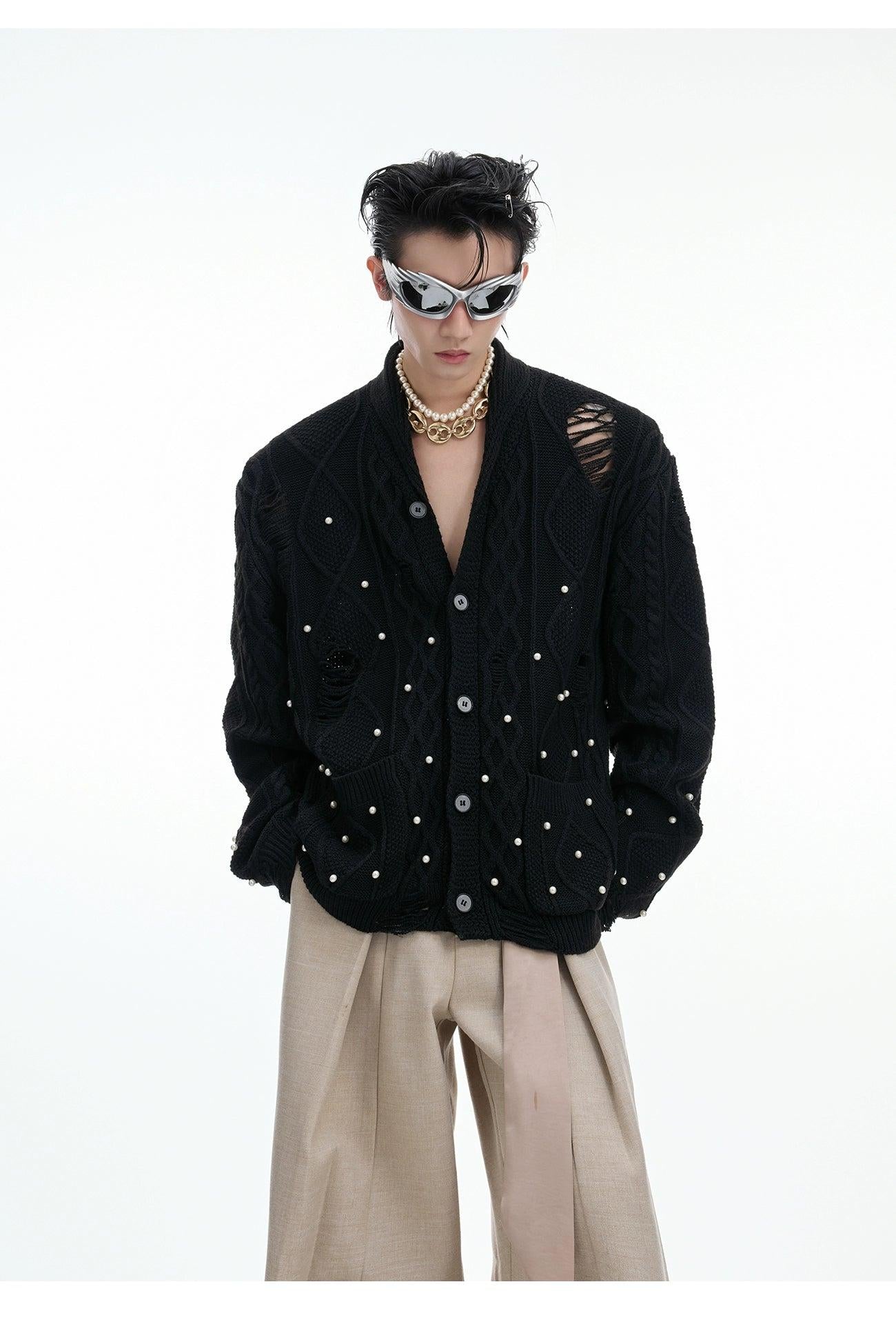 Distressed Pearl Detail Knit Cardigan Korean Street Fashion Cardigan By Argue Culture Shop Online at OH Vault