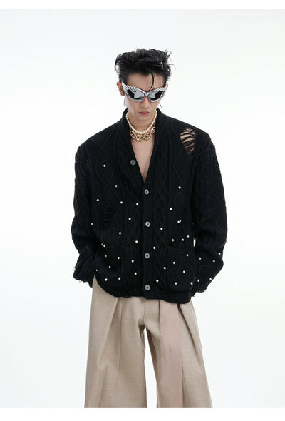 Distressed Pearl Detail Knit Cardigan Korean Street Fashion Cardigan By Argue Culture Shop Online at OH Vault