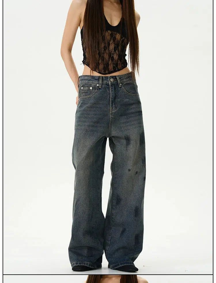 Graffiti Ink-Splash Straight Jeans Korean Street Fashion Jeans By 77Flight Shop Online at OH Vault