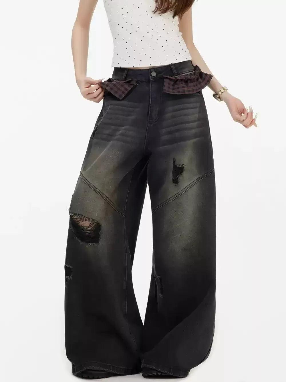 Plaid Fabric Pockets Distressed Jeans Korean Street Fashion Jeans By INS Korea Shop Online at OH Vault