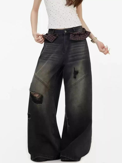 Plaid Fabric Pockets Distressed Jeans Korean Street Fashion Jeans By INS Korea Shop Online at OH Vault