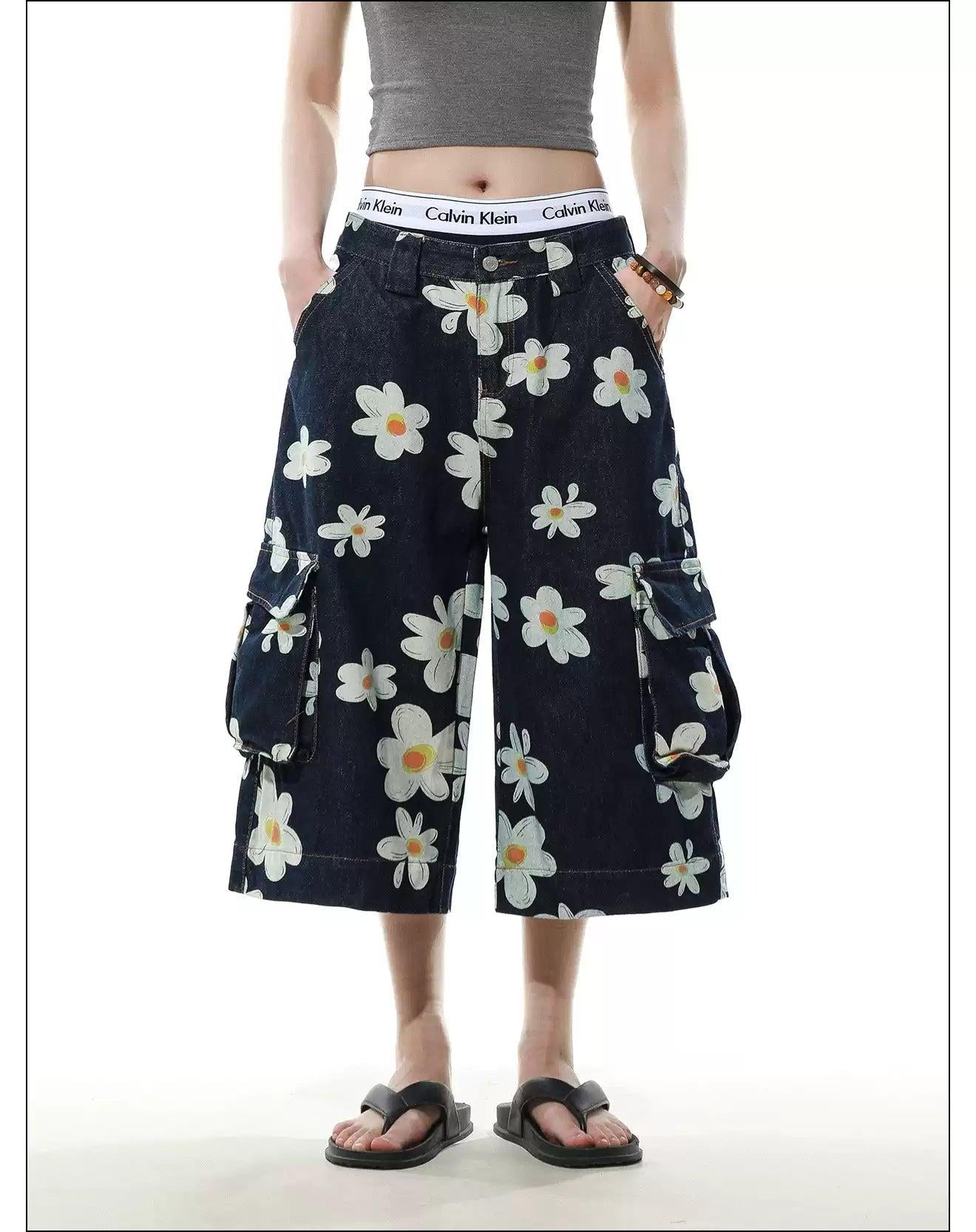 Flower Pattern Cargo Denim Shorts Korean Street Fashion Shorts By Mr Nearly Shop Online at OH Vault