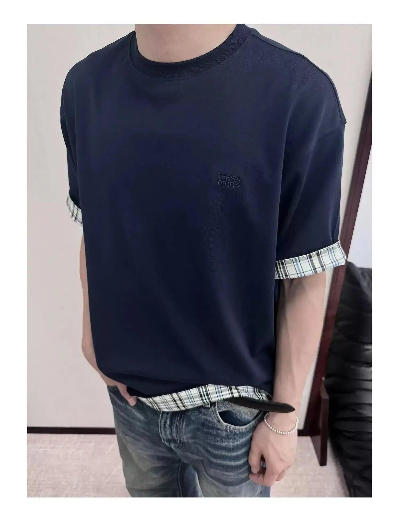 Plaid Cuff Roundneck T-Shirt Korean Street Fashion T-Shirt By Terra Incognita Shop Online at OH Vault