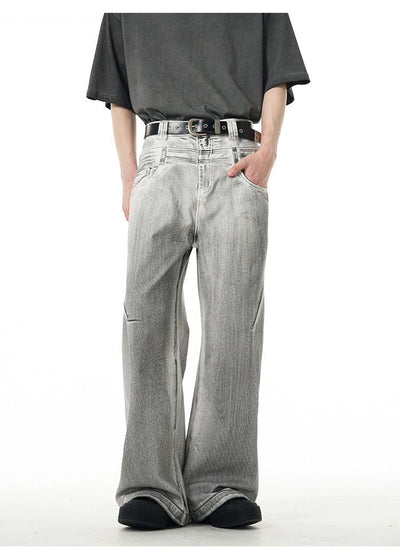Charcoal Wash Double-Waist Jeans Korean Street Fashion Jeans By 77Flight Shop Online at OH Vault