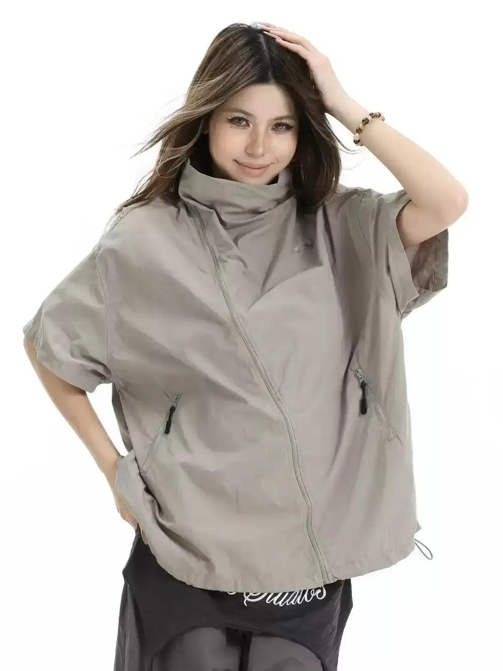 Asymmetic Zipped Stand Collar S/S Jacket Korean Street Fashion Shirt By INS Korea Shop Online at OH Vault