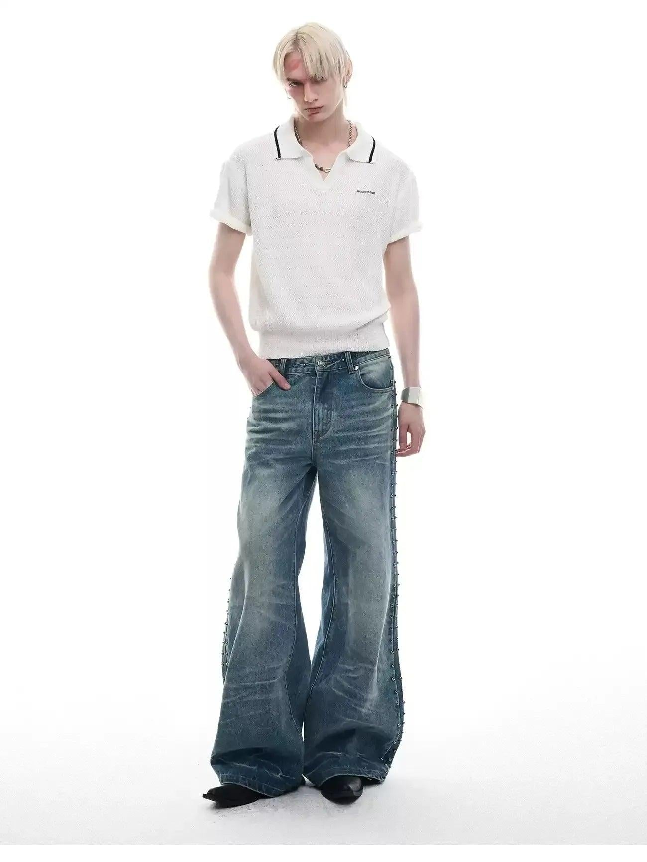 Beaded Seam Wide Flared Jeans Korean Street Fashion Jeans By Argue Culture Shop Online at OH Vault