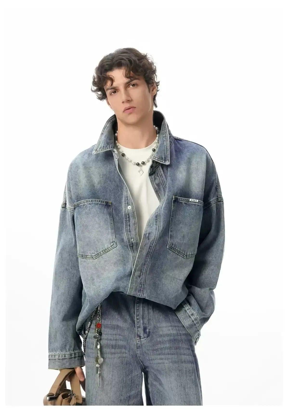 Breast Pocket Washed Denim Shirt Korean Street Fashion Shirt By JHYQ Shop Online at OH Vault