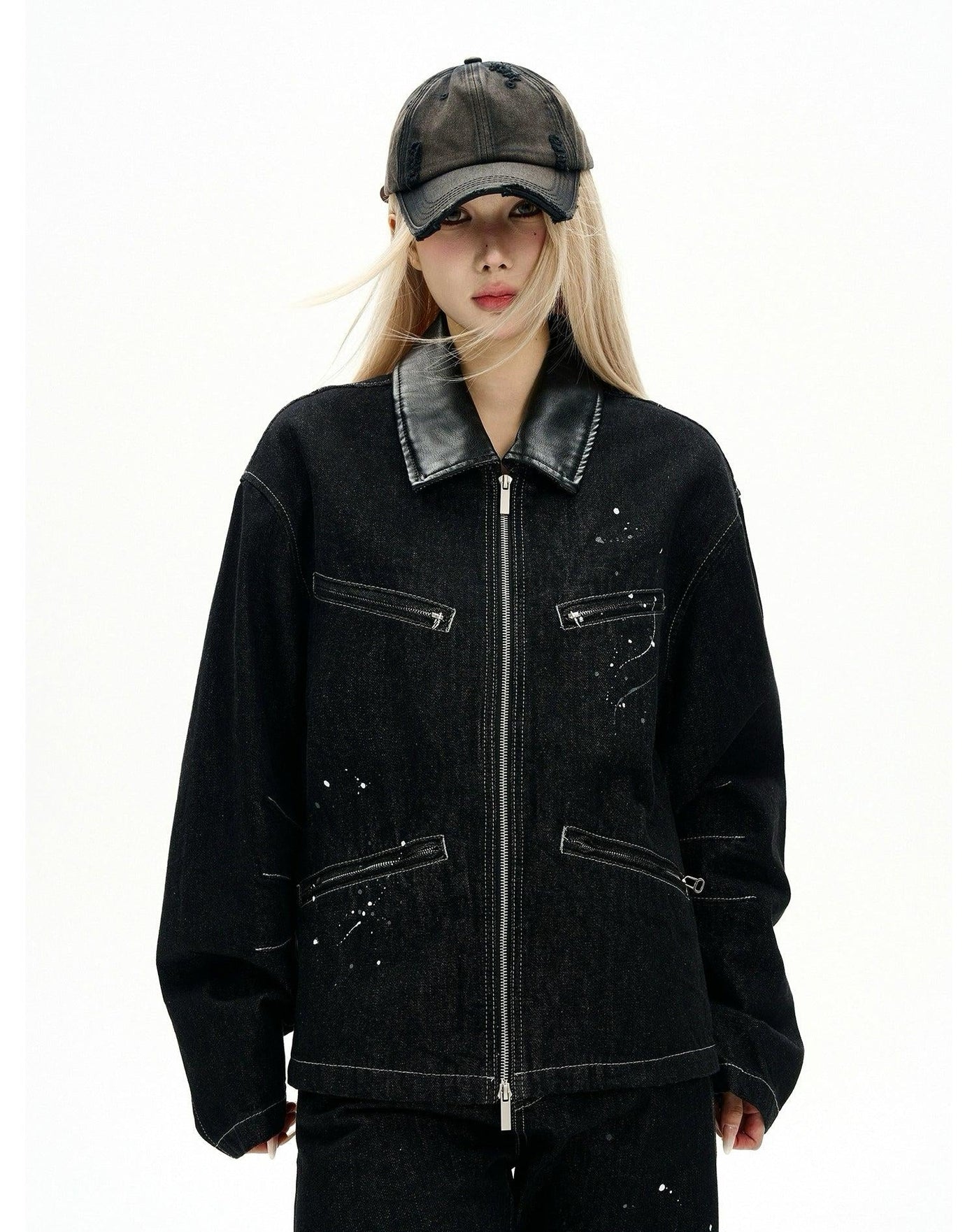 Paint Splash Leather Collar Denim Jacket Korean Street Fashion Jacket By MaxDstr Shop Online at OH Vault