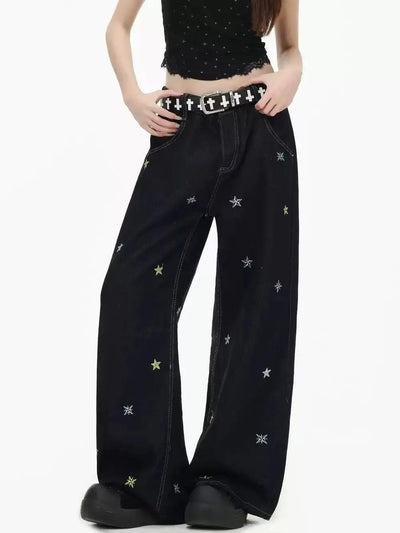 Stars Stitch Straight Leg Jeans Korean Street Fashion Jeans By INS Korea Shop Online at OH Vault