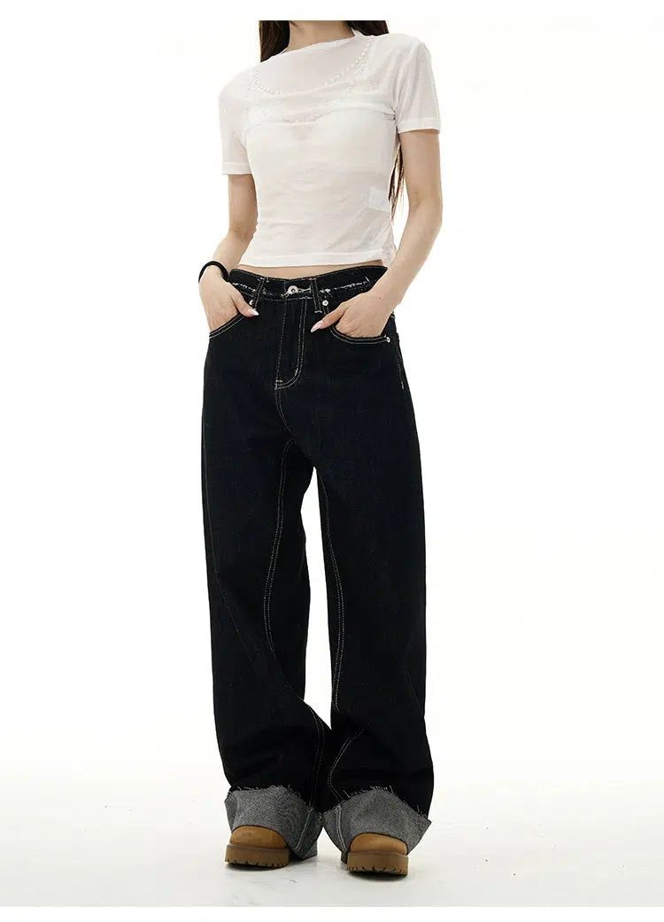 Folded Waist Straight Jeans Korean Street Fashion Jeans By 77Flight Shop Online at OH Vault