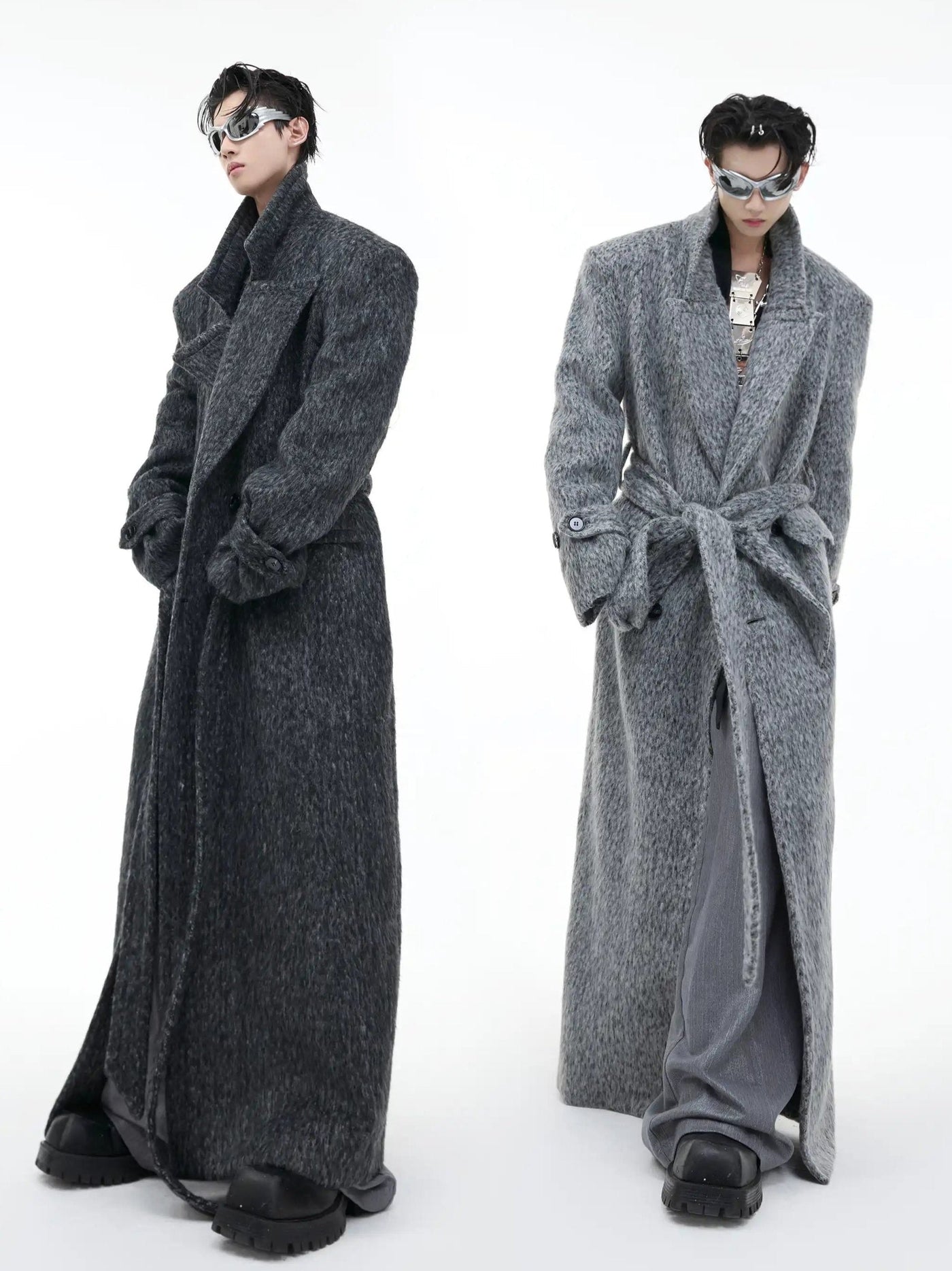 Wide Shoulder Belted Long Coat Korean Street Fashion Long Coat By Argue Culture Shop Online at OH Vault