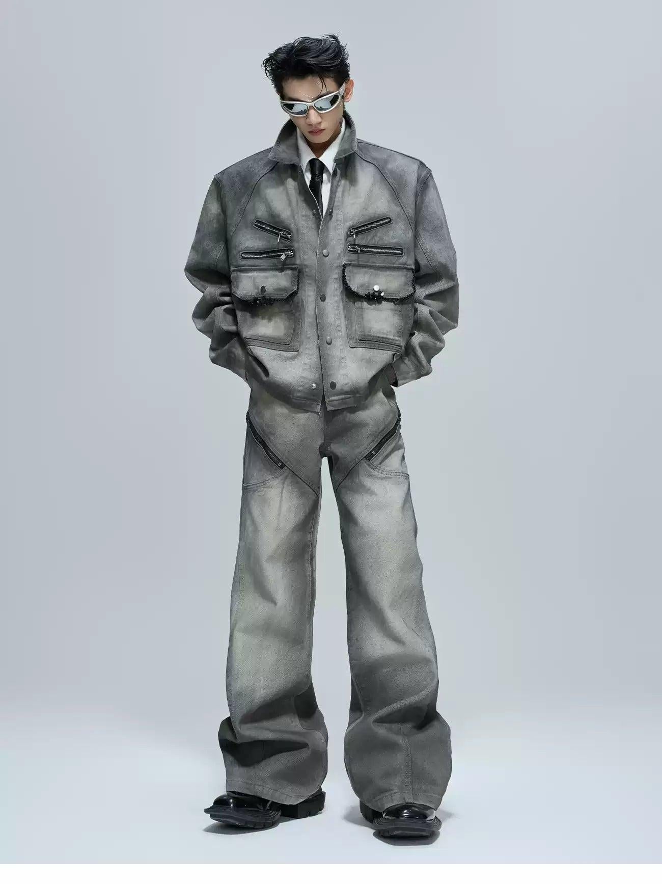 Multi-Zipped Contrast Faded Denim Jacket & Jeans Set Korean Street Fashion Clothing Set By Argue Culture Shop Online at OH Vault