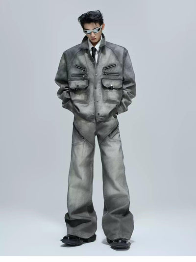 Multi-Zipped Contrast Faded Denim Jacket & Jeans Set Korean Street Fashion Clothing Set By Argue Culture Shop Online at OH Vault