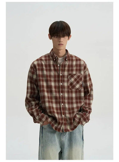 Wide Shoulder Plaid Flannel Shirt Korean Street Fashion Shirt By A PUEE Shop Online at OH Vault