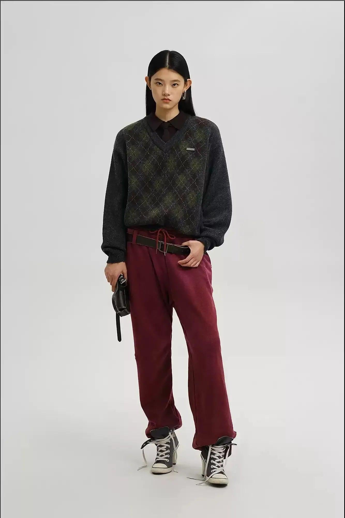 Argyle Double Zipped/V-Neck Sweater Korean Street Fashion Sweater By Mason Prince Shop Online at OH Vault