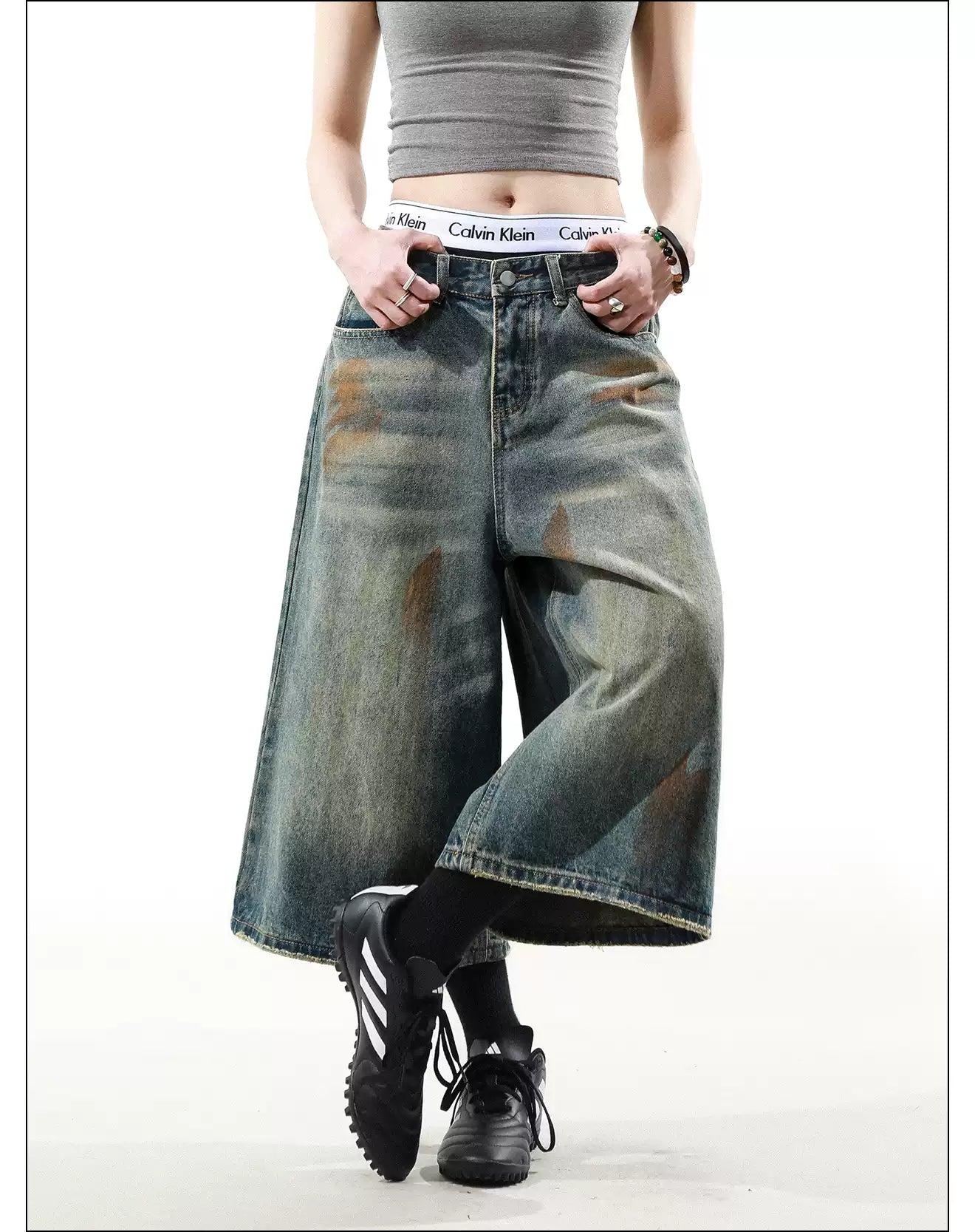 Stain Washed Wide Denim Shorts Korean Street Fashion Shorts By Mr Nearly Shop Online at OH Vault