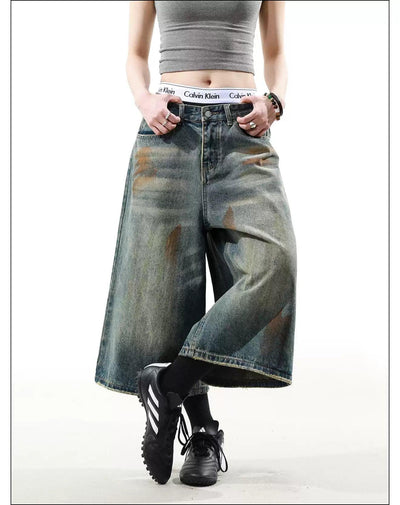 Stain Washed Wide Denim Shorts Korean Street Fashion Shorts By Mr Nearly Shop Online at OH Vault