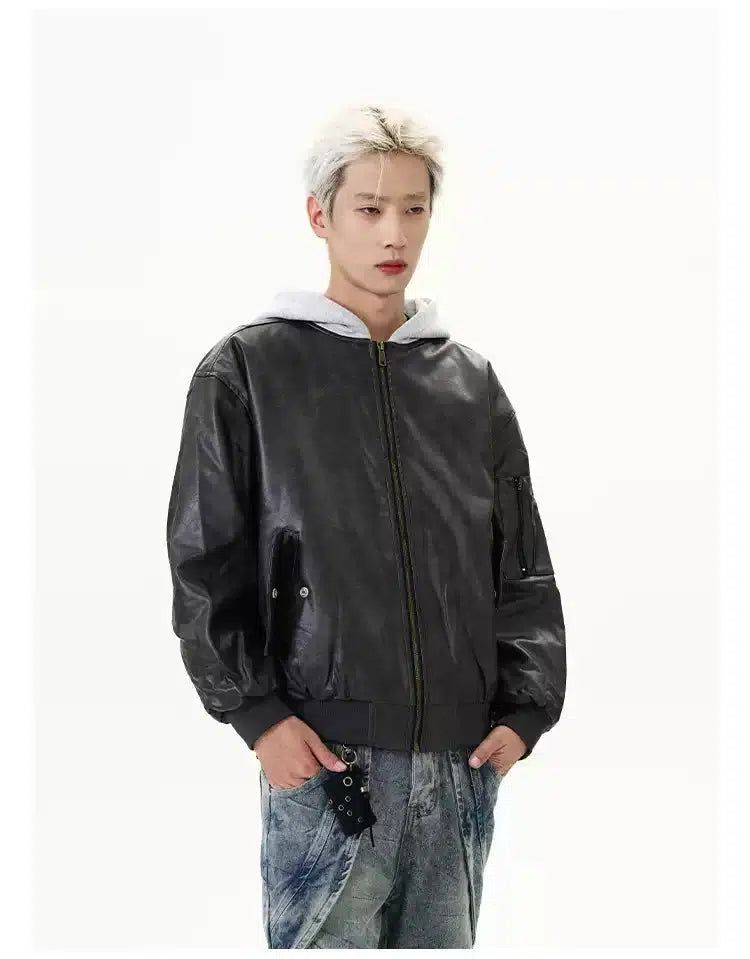 Clean Fit Contrast Hooded PU Leather Jacket Korean Street Fashion Jacket By A PUEE Shop Online at OH Vault