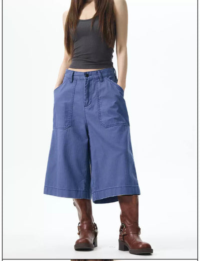 Retro Blue Wide Cargo Shorts Korean Street Fashion Shorts By 77Flight Shop Online at OH Vault