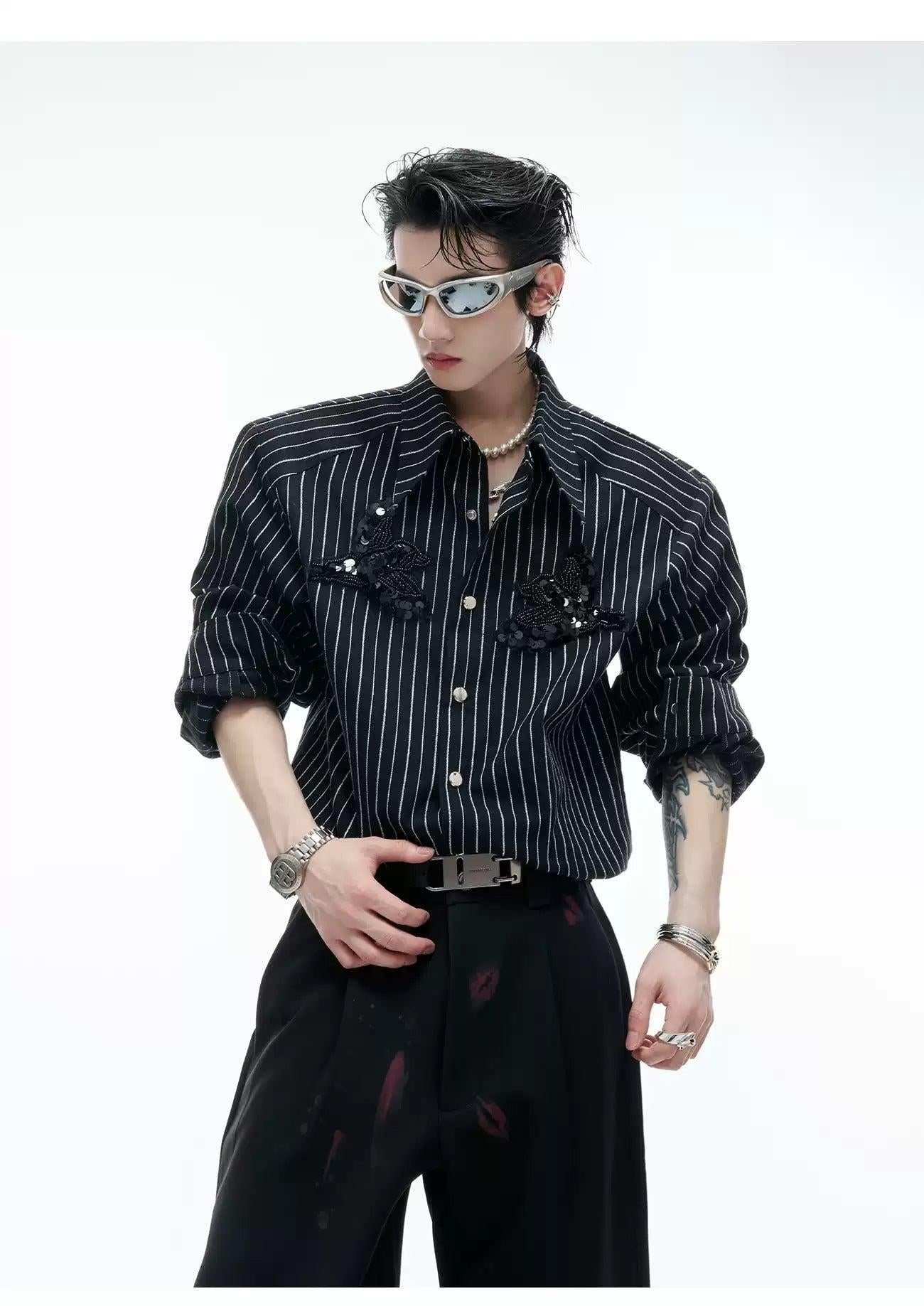 Striped Sequin Embroidery Shirt Korean Street Fashion Shirt By Argue Culture Shop Online at OH Vault
