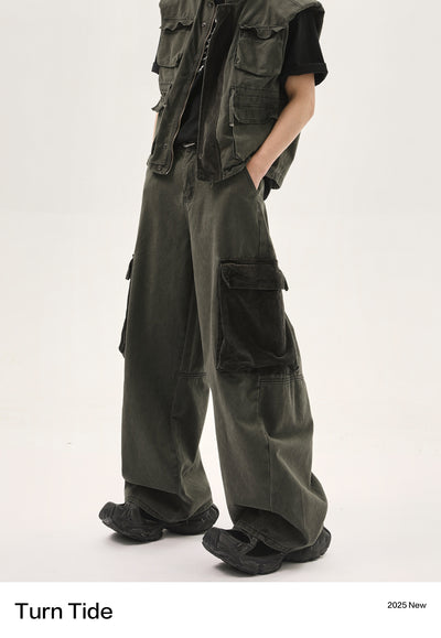 Washed Pocket Detail Denim Vest & Loose Fit Cargo Pants Set Korean Street Fashion Clothing Set By Turn Tide Shop Online at OH Vault