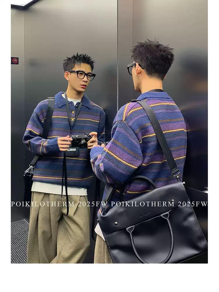 Striped Polo Neck Sweater Korean Street Fashion Sweater By Poikilotherm Shop Online at OH Vault