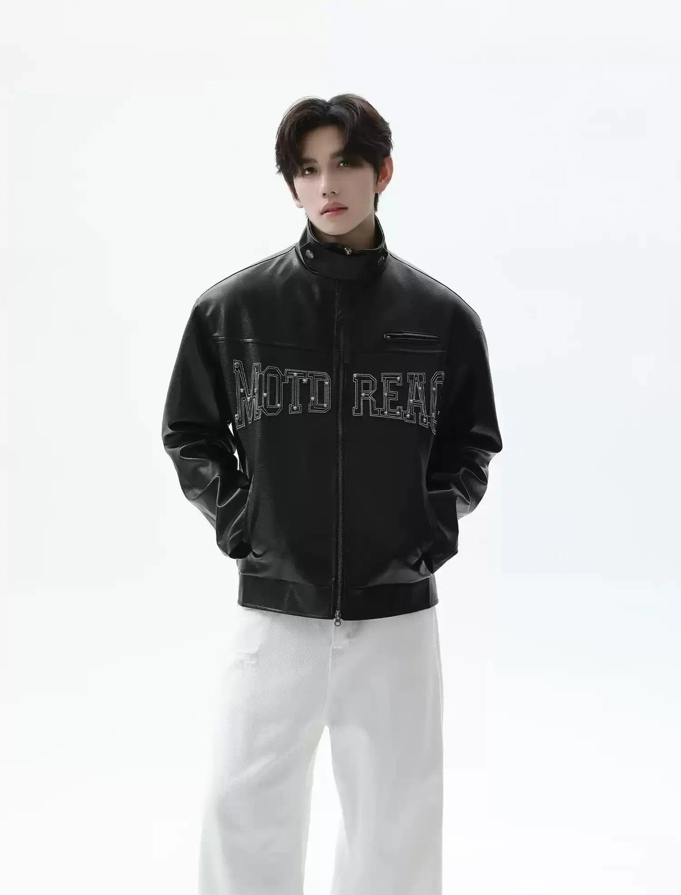 Logo Stitched PU Leather Jacket Korean Street Fashion Jacket By Turn Tide Shop Online at OH Vault
