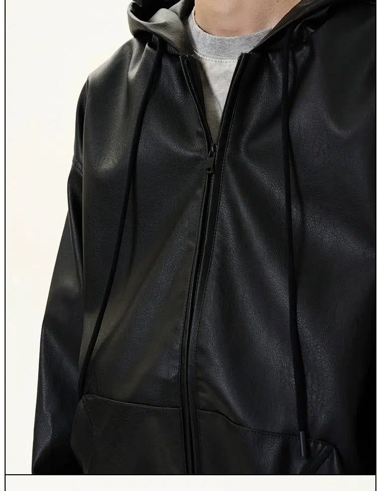 Drawstring Hooded PU Leather Jacket Korean Street Fashion Jacket By 77Flight Shop Online at OH Vault