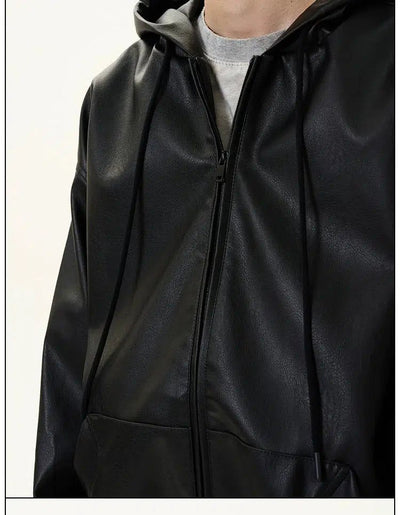 Drawstring Hooded PU Leather Jacket Korean Street Fashion Jacket By 77Flight Shop Online at OH Vault