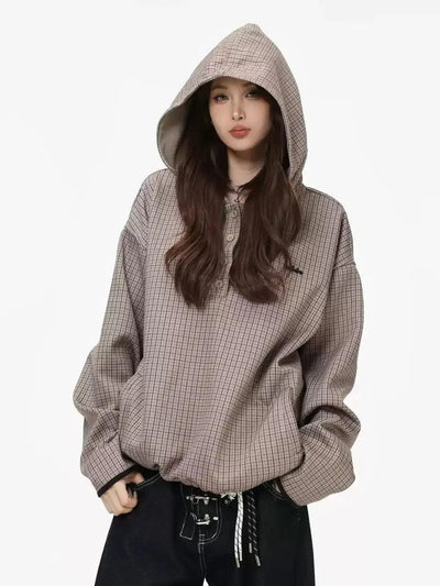 Checkered Half-Button Hooded Jacket Korean Street Fashion Jacket By INS Korea Shop Online at OH Vault