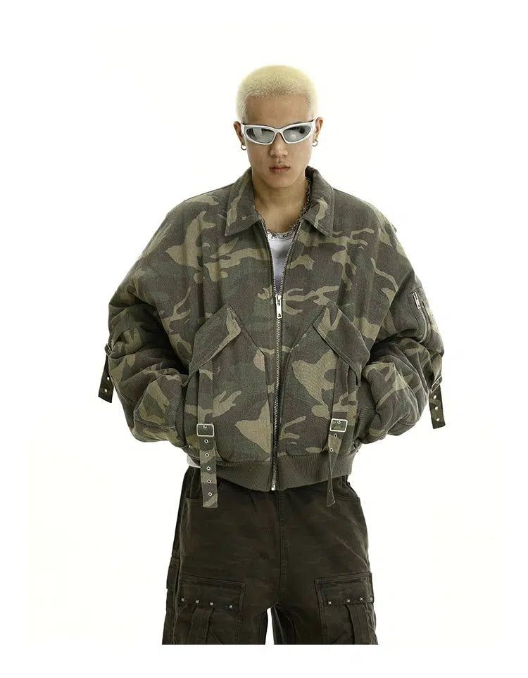 Washed Camo Buckled Strap Jacket Korean Street Fashion Jacket By MEBXX Shop Online at OH Vault